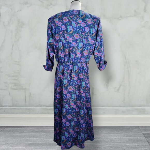 Vintage Floral Print Midi Secretary Dress Size 14 Purple Shirtwaist - Picture 4 of 16